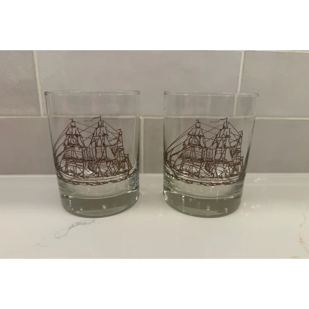Vintage Ship Whiskey Glasses Set of 2 Brown Nautical Sailing Boat Rocks Tumblers